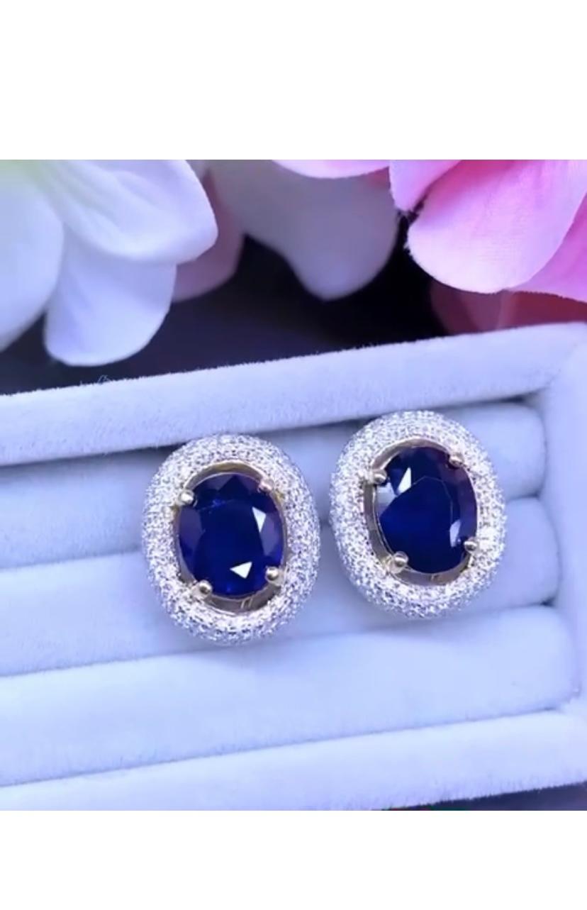 Women's AIG Certified 6.85 Ct  Blue Ceylon Sapphires  Diamonds 18K Gold Earrings  For Sale