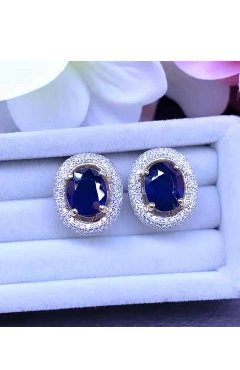 AIG Certified 6.85 Ct  Blue Ceylon Sapphires  Diamonds 18K Gold Earrings  For Sale 2