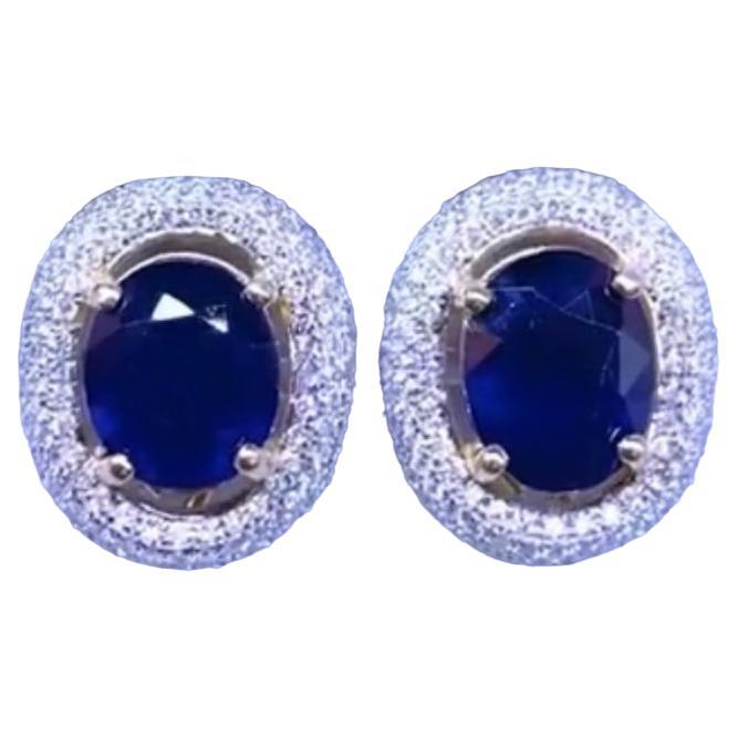 AIG Certified 6.85 Ct Blue Ceylon Sapphires  Diamonds 18K Gold Earrings