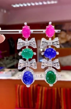 AIG Certified 68.50 Ct  Emeralds  Rubies Tanzanites Diamonds 18K Gold Earrings
