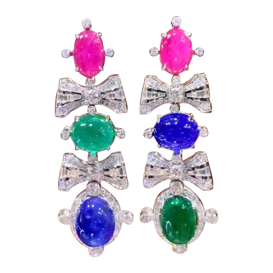 AIG Certified 68.50 Ct  Emeralds  Rubies Tanzanites Diamonds 18K Gold Earrings  For Sale