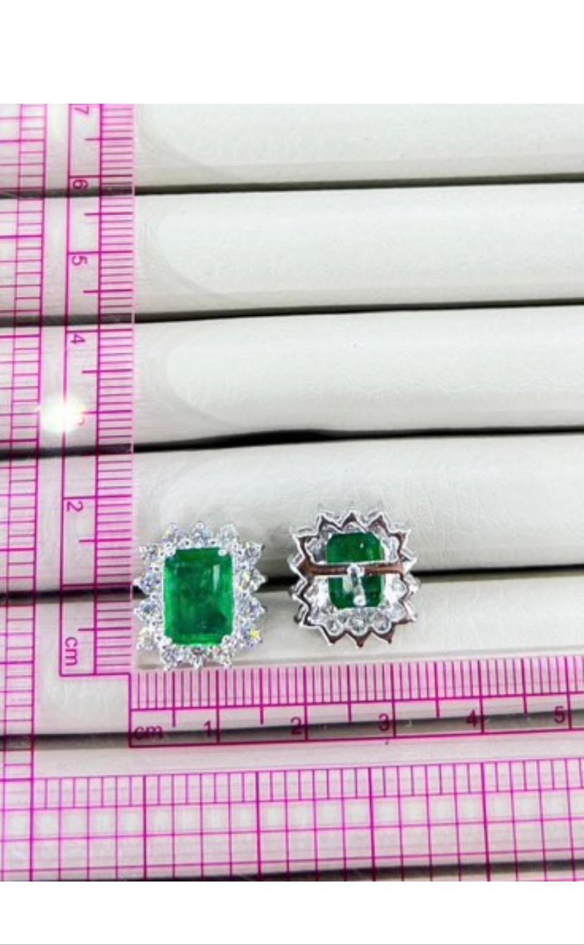 Emerald Cut AIG Certified 7.00 Ct Zambian Emeralds  2.30 Ct Diamonds 18K Gold Earrings For Sale