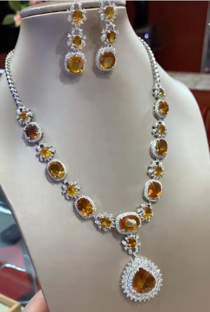 Women's AIG Certified 71.60 Carats Orange Sapphires. 7.31 Ct Diamonds 18K Gold Parure  For Sale