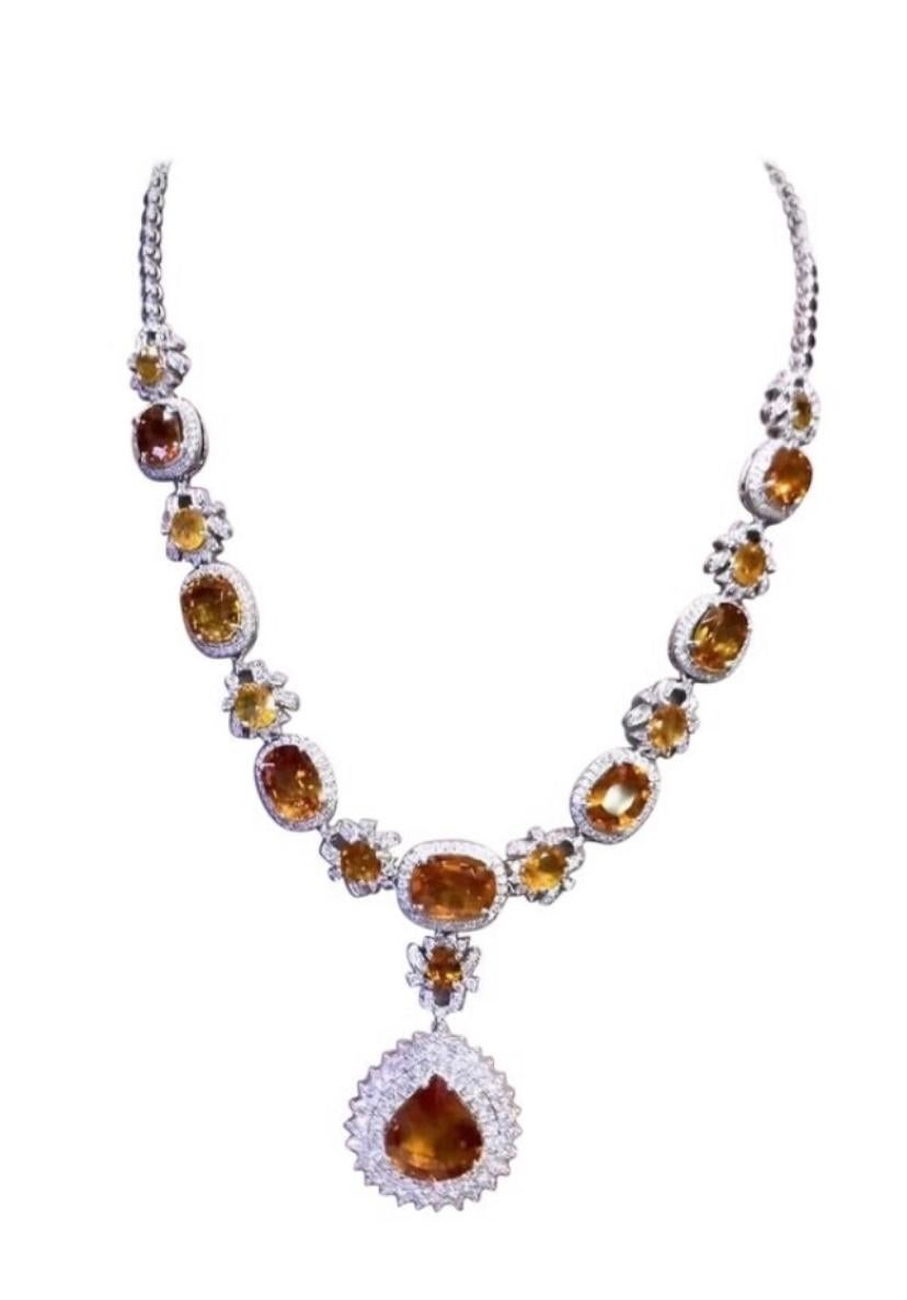 AIG Certified 71.60 Carats Orange Sapphires. 7.31 Ct Diamonds 18K Gold Parure  For Sale 3