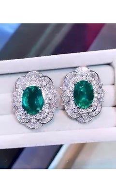 AIG Certified 7.36 Ct Zambian Emeralds 3.02 Diamonds 18k Gold Earrings