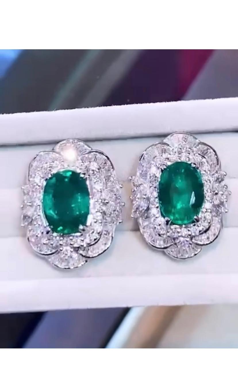 Oval Cut AIG Certified 7.36 Ct Zambian Emeralds 3.02 Diamonds 18k Gold Earrings  For Sale