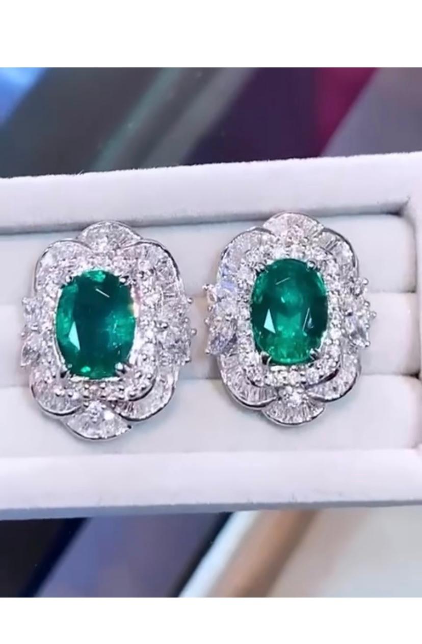 AIG Certified 7.36 Ct Zambian Emeralds 3.02 Diamonds 18k Gold Earrings  For Sale 1