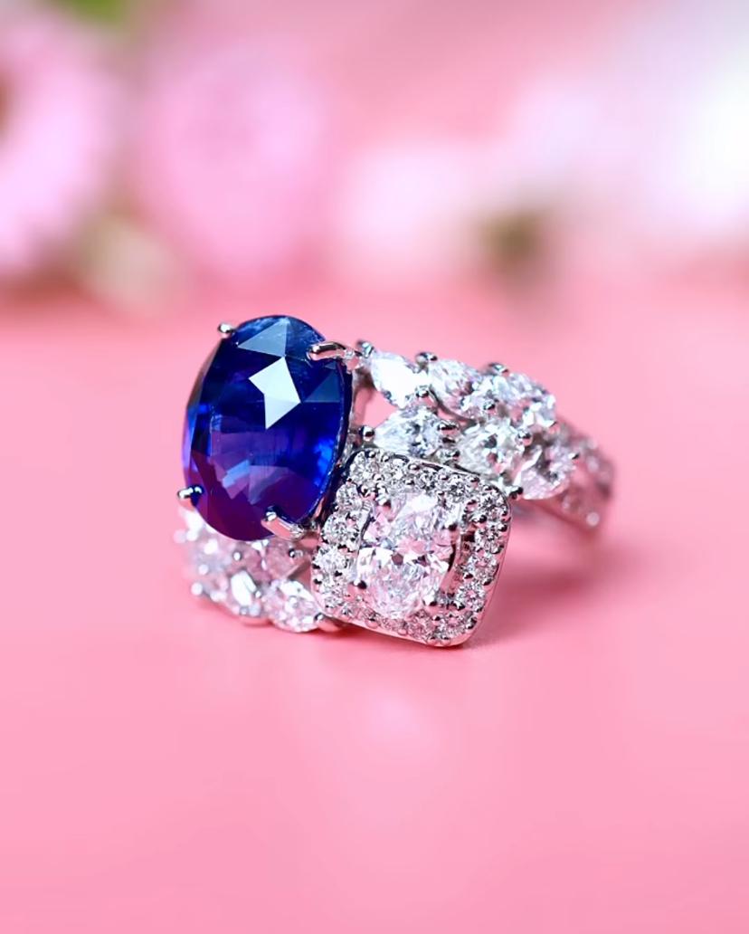 AIG zertifiziert 7,40 Karat Ceylon Saphir 2,90 Ct Diamanten 18K Gold Ring Damen im Angebot