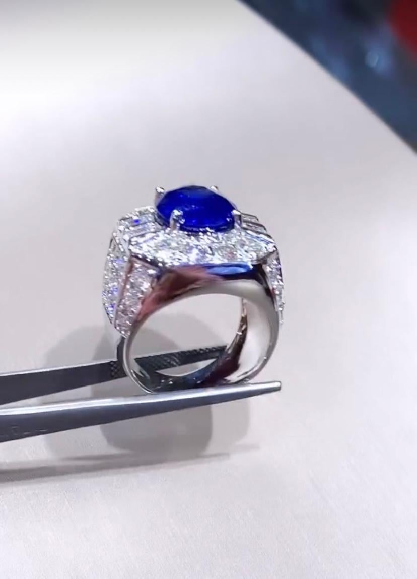 Oval Cut AIG Certified 7.40  Blue Ceylon Sapphire 3.80 Ct Diamonds  18K Gold Ring For Sale