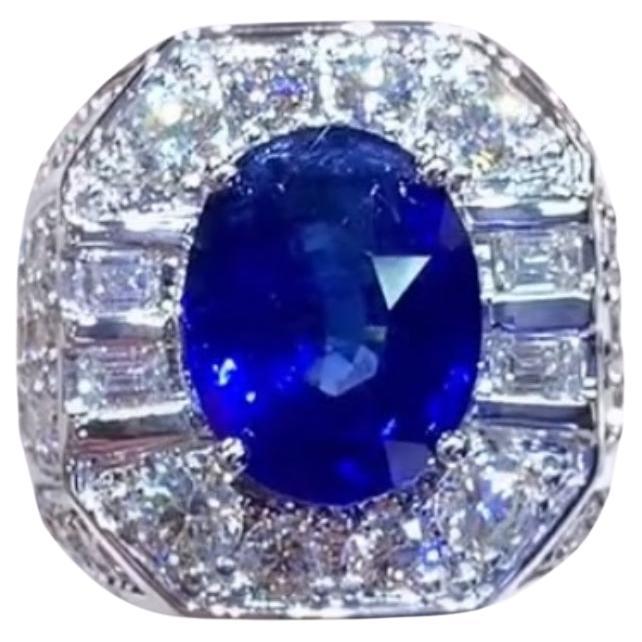 AIG Certified 7.40  Blue Ceylon Sapphire 3.80 Ct Diamonds  18K Gold Ring