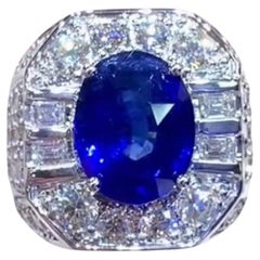 AIG Certified 7.40  Blue Ceylon Sapphire 3.80 Ct Diamonds  18K Gold Ring