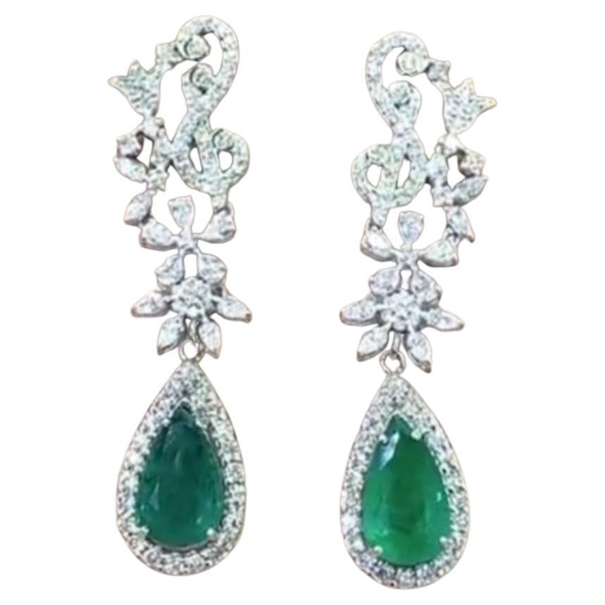 AIG Certified 7.50 Carats Zambian Emeralds 4.70 Ct Diamonds 18K Gold Earrings