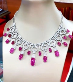 AIG Certified 75.20 Carats Burma Rubies  8.20 Ct Diamonds 18K Gold Necklace