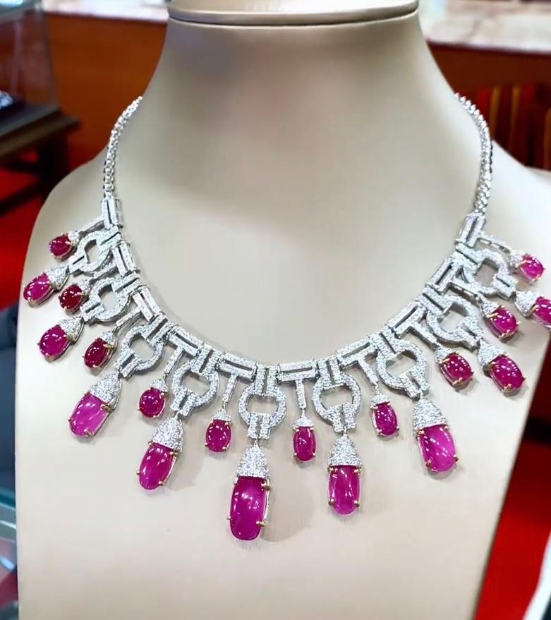 Cabochon AIG Certified 75.20 Carats Burma Rubies  8.20 Ct Diamonds 18K Gold Necklace  For Sale