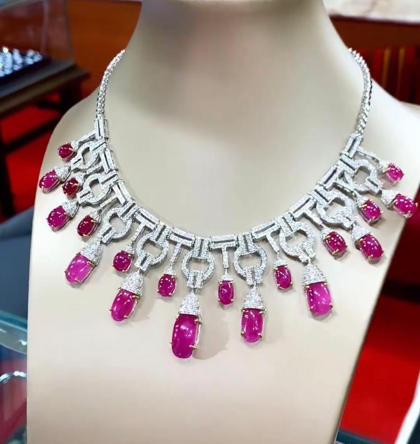 Women's or Men's AIG Certified 75.20 Carats Burma Rubies  8.20 Ct Diamonds 18K Gold Necklace  For Sale