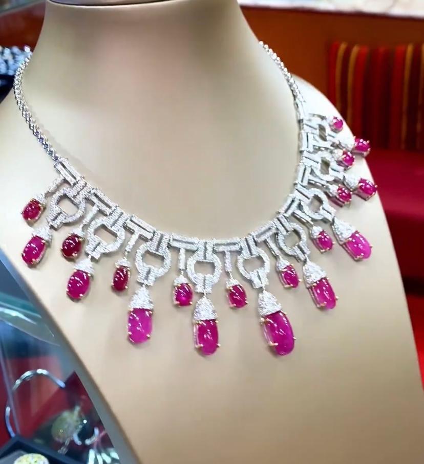 AIG Certified 75.20 Carats Burma Rubies  8.20 Ct Diamonds 18K Gold Necklace  For Sale 1