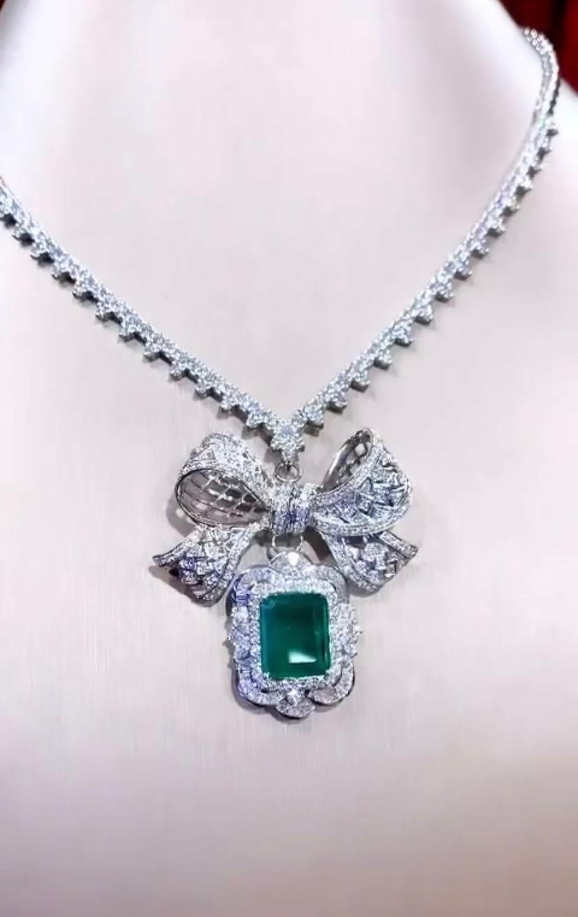 Emerald Cut AIG Certified 7.55 Carats Zambian Emerald   Diamonds 18K Gold Pendant Necklace  For Sale