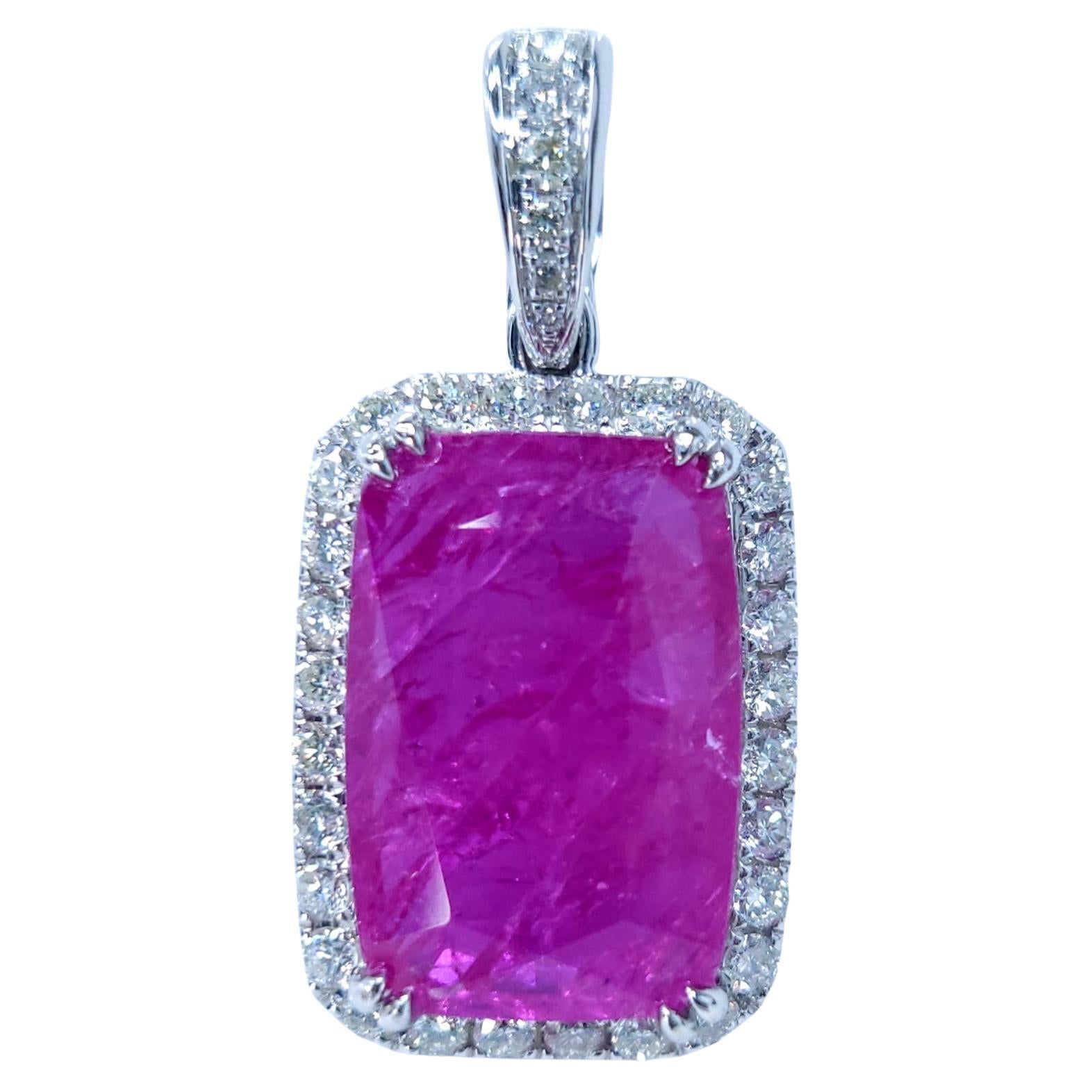 AIG Certified 7.62 Carat Unheat Burma Ruby & Diamond Pendent in 18K White Gold