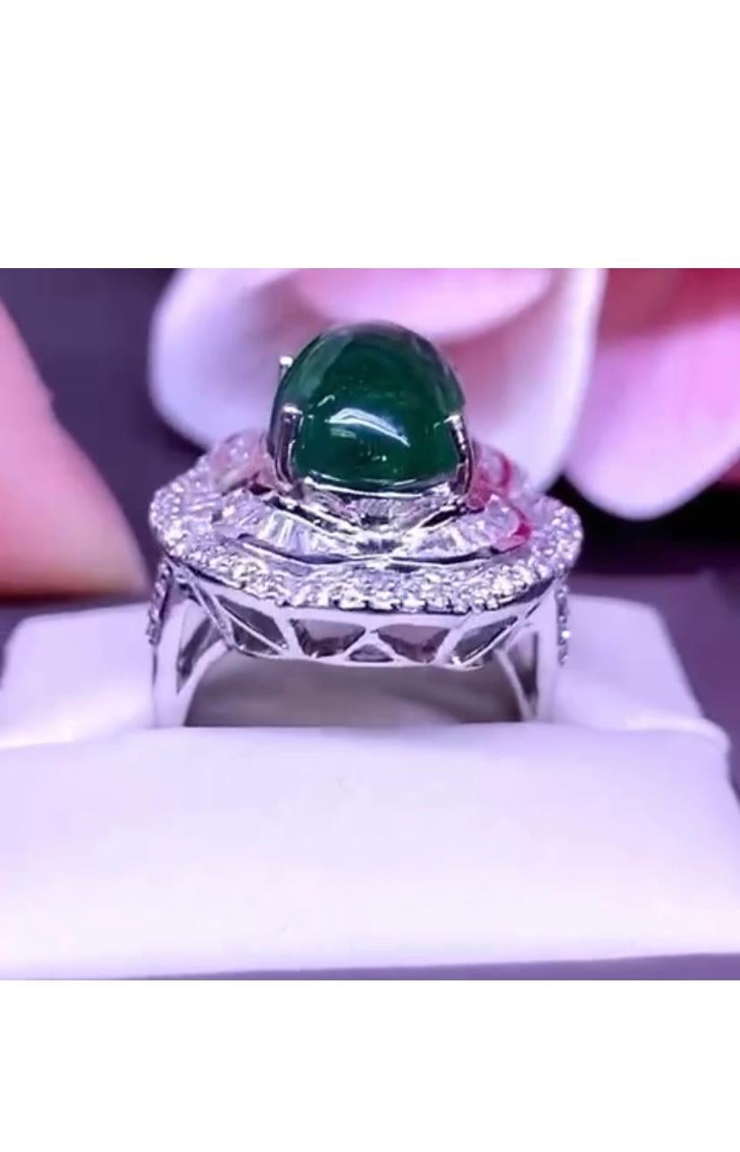 Cabochon AIG Certified 7.64 Carats Zambian Emerald Diamonds 18K Gold Ring  For Sale