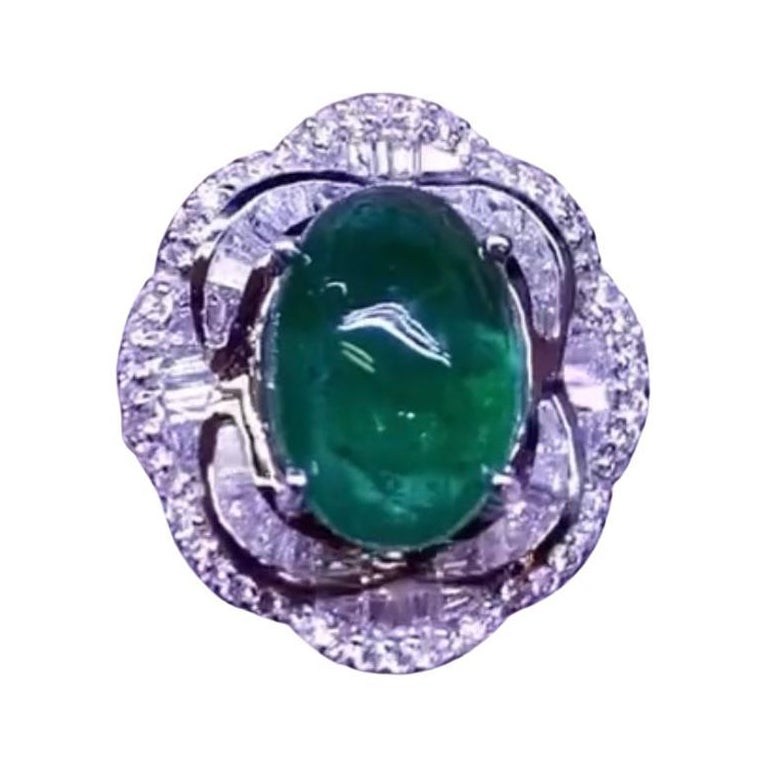 AIG Certified 7.64 Carats Zambian Emerald Diamonds 18K Gold Ring  For Sale
