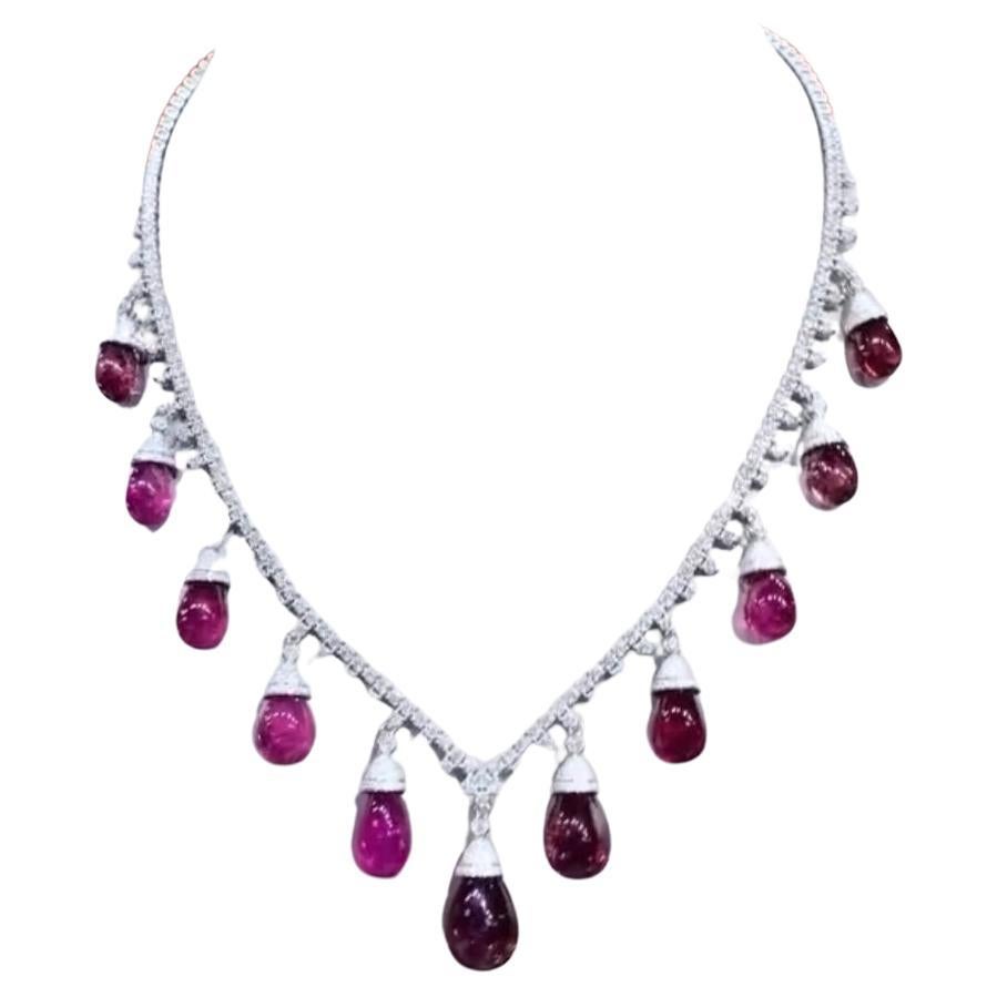 AIG Certified 77.00 Cts Tourmaline Rubellite 6.50 Cts Diamonds 18K Gold Necklace