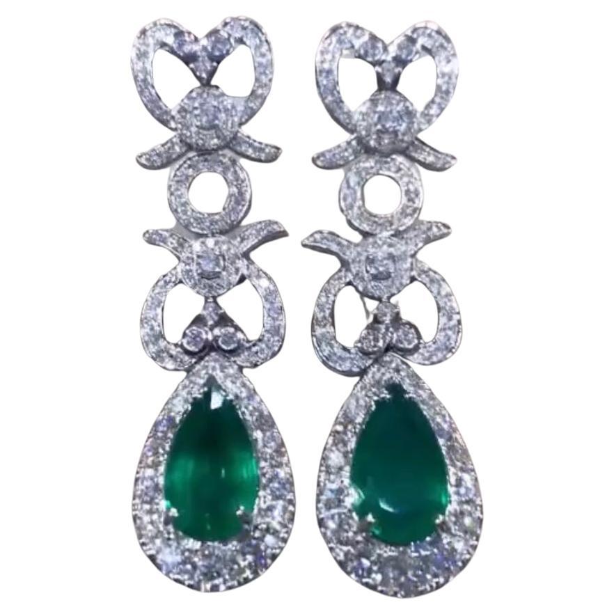 AIG Certified 7.75 Carats Zambian Emeralds   5.85 Ct Diamonds 18K Gold Earrings For Sale