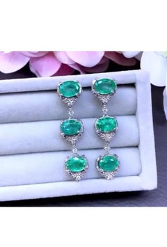 AIG Certified  7.80 Cts Zambian Emeralds  Diamonds 18K Gold Earrings
