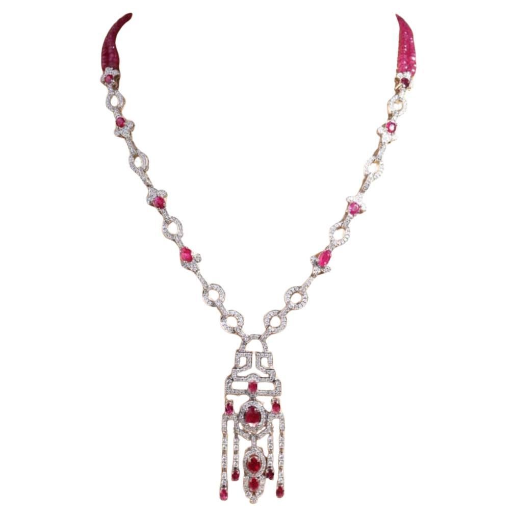 AIG Certified 7.90 Ct Burma Rubies 4.30 Ct Diamonds 18K Gold Necklace