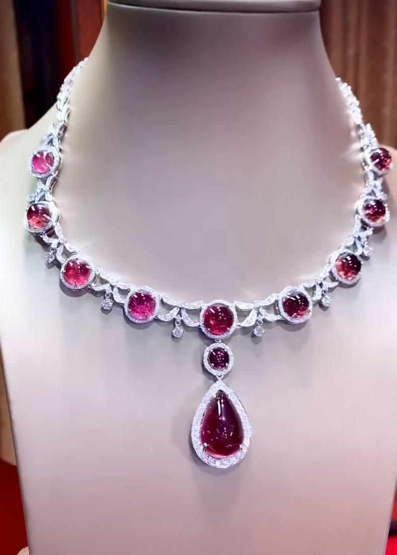Mixed Cut AIG Certified 79.00 Carats Rubellite Tourmalines  5.80 Ct Diamonds Necklace  For Sale