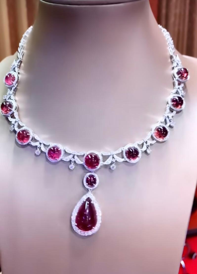 Women's or Men's AIG Certified 79.00 Carats Rubellite Tourmalines  5.80 Ct Diamonds Necklace  For Sale