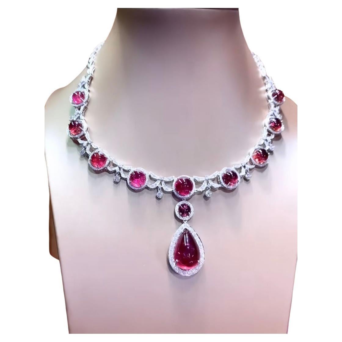 AIG Certified 79.00 Carats Rubellite Tourmalines  5.80 Ct Diamonds Necklace  For Sale