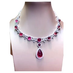 AIG Certified 79.00 Carats Rubellite Tourmalines  5.80 Ct Diamonds Necklace 