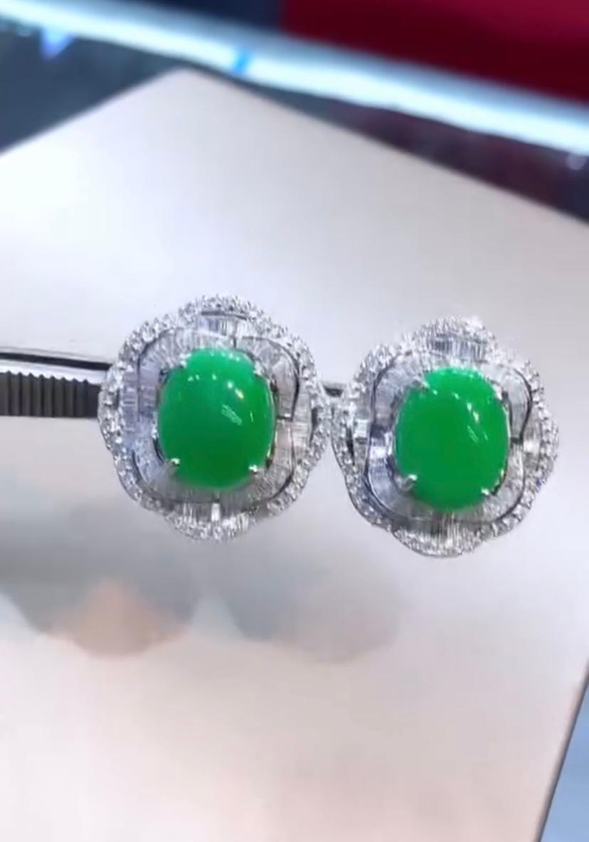 Cabochon AIG Certified 8.00 Cts Natural Jade  2.40 Cts Diamonds 18kGold Earrings For Sale