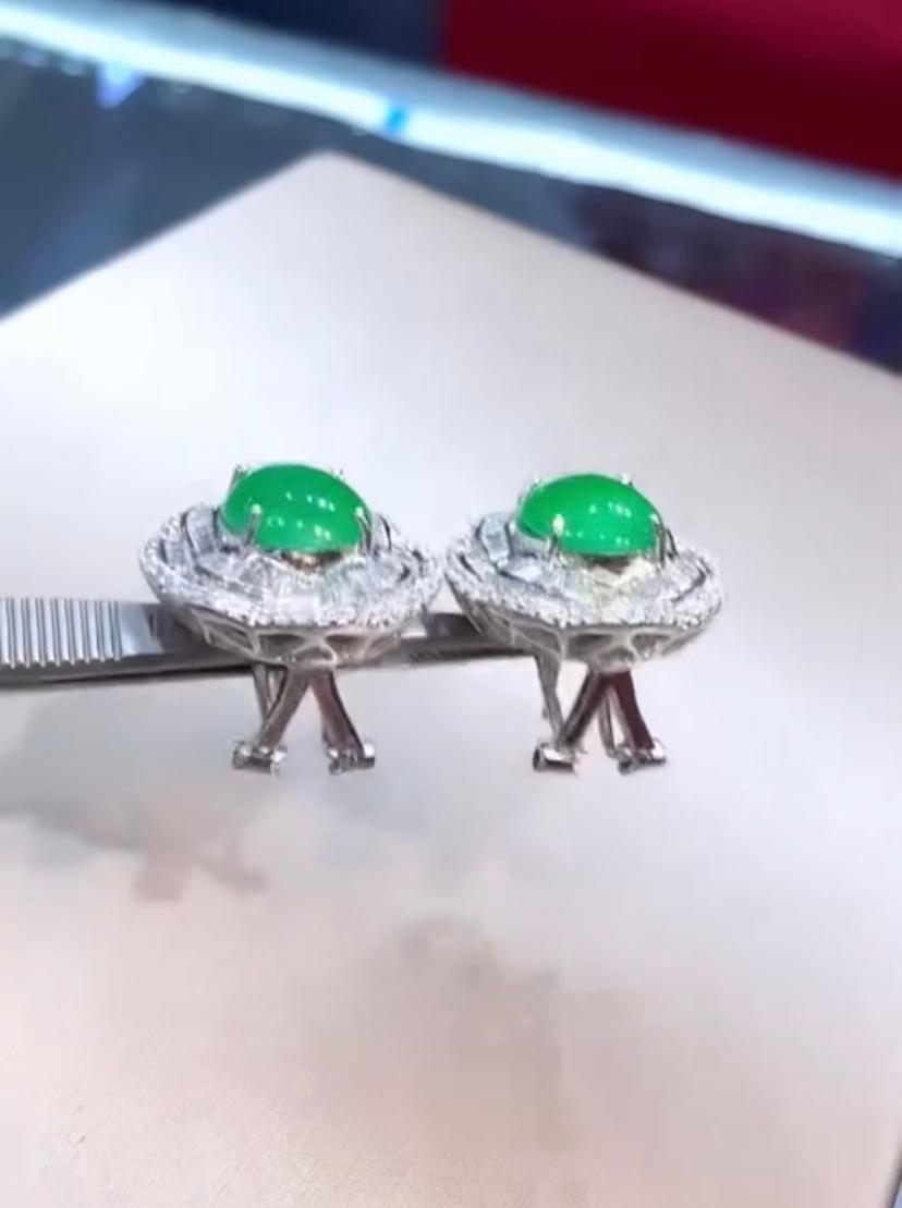 Women's AIG Certified 8.00 Cts Natural Jade  2.40 Cts Diamonds 18kGold Earrings For Sale