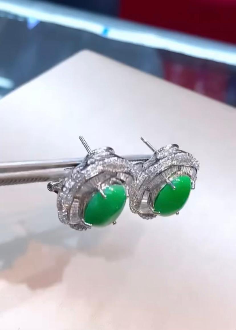 AIG Certified 8.00 Cts Natural Jade  2.40 Cts Diamonds 18kGold Earrings For Sale 1