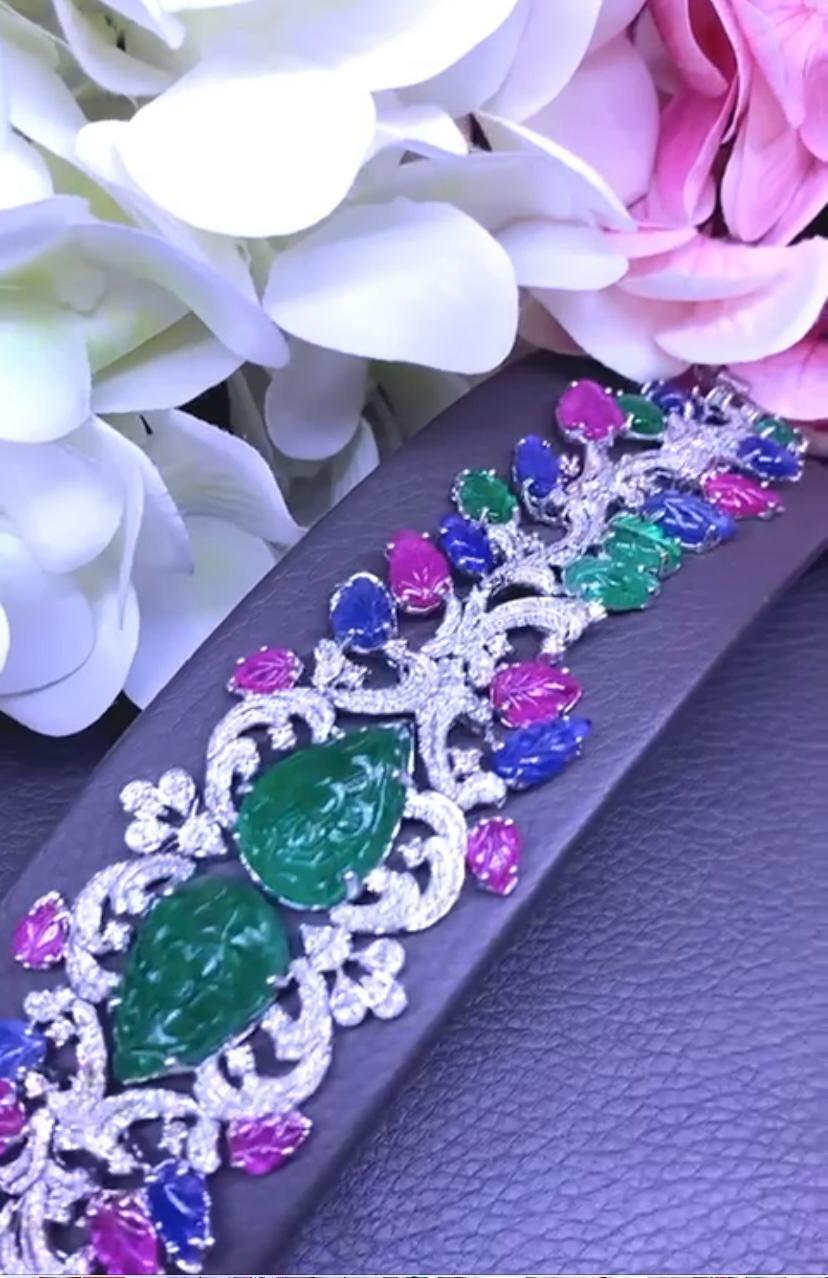 Women's AIG Certified 81.00 Carats Untreated Zambia Emerald Burma Ruby Sapphire Bracelet For Sale