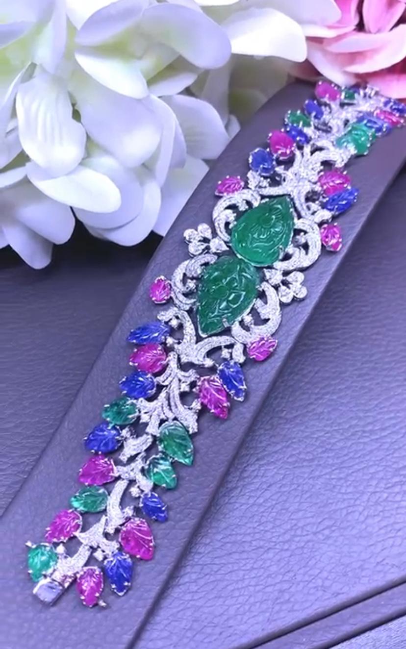 AIG Certified 81.00 Carats Untreated Zambia Emerald Burma Ruby Sapphire Bracelet For Sale 1