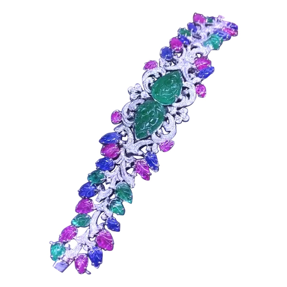 AIG Certified 81.00 Carats Untreated Zambia Emerald Burma Ruby Sapphire Bracelet For Sale