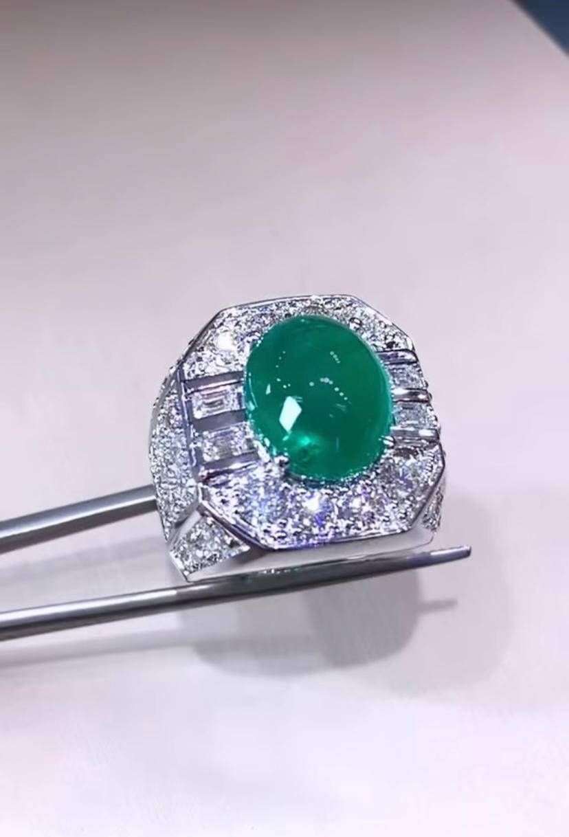 Cabochon AIG Certified 8.50 Carat Zambian Emerald  3.80 Ct Diamonds 18K Gold Ring For Sale
