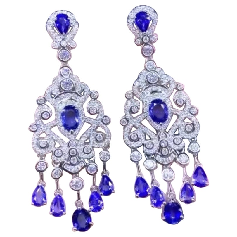 AIG Certified 8.54 Carats Ceylon Sapphires  3.90 Ct Diamonds 18K Gold Earrings  For Sale