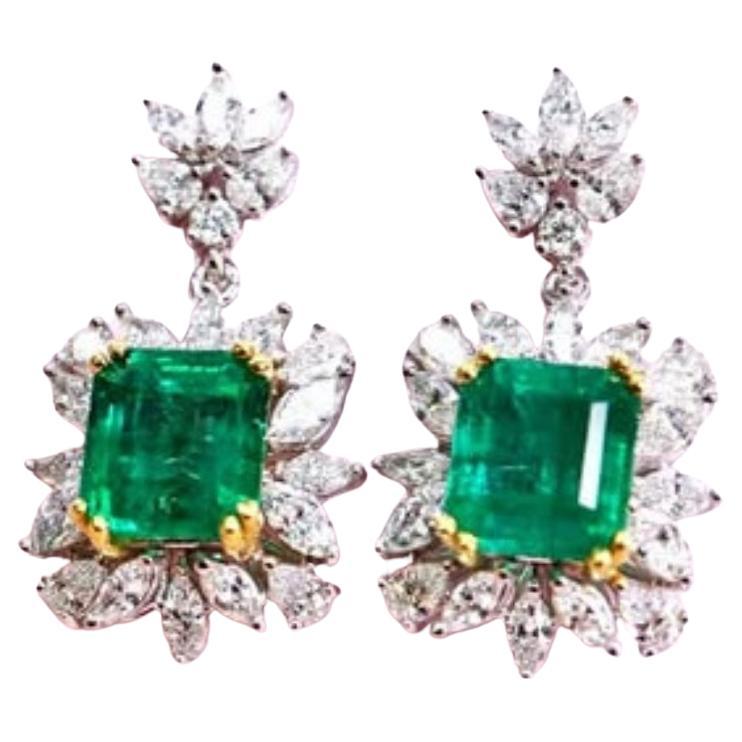 AIG Certified 8.60 Carat Zambian Emeralds 3.80 Ct Diamonds 18k Gold Earrings
