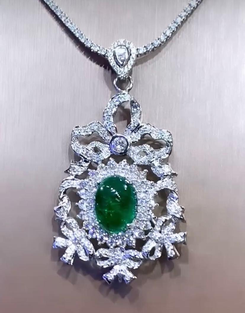 Cabochon AIG Certified 8.70 Carats Zambian Emeralds  3.00 Ct Diamonds 18K Gold Pendant  For Sale