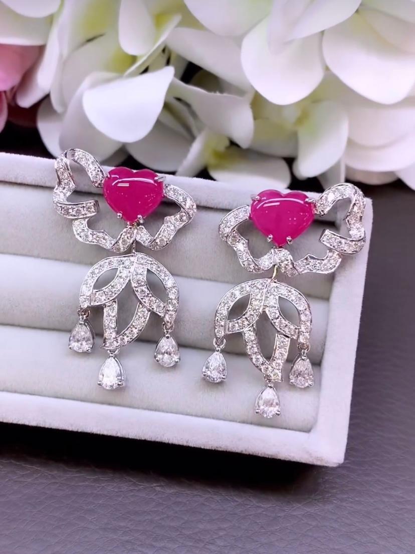 Heart Cut AIG Certified 8.70 Cts Burma Rubies  5.80 Cts Diamonds 18k Gold Earrings For Sale