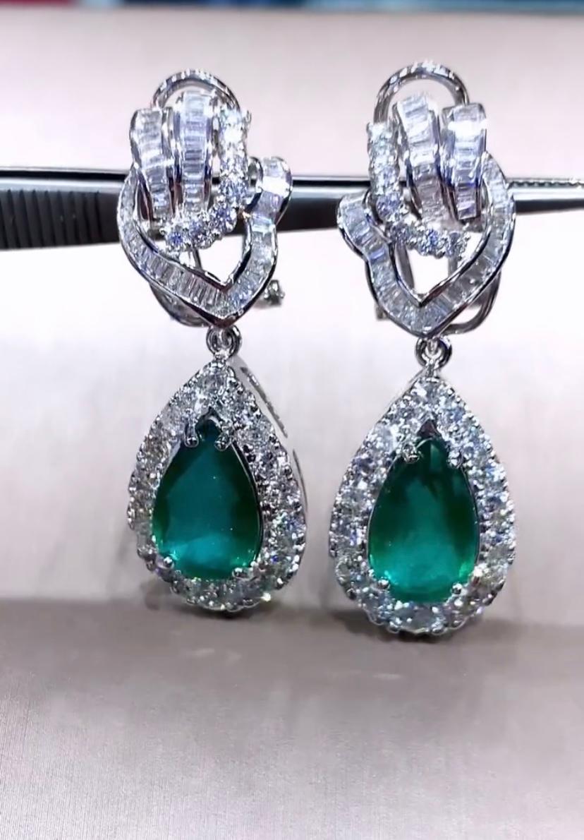 Pear Cut AIG Certified 8.90 Carats Zambian Emeralds  5.00 Ct Diamonds 18K Gold Earrings  For Sale