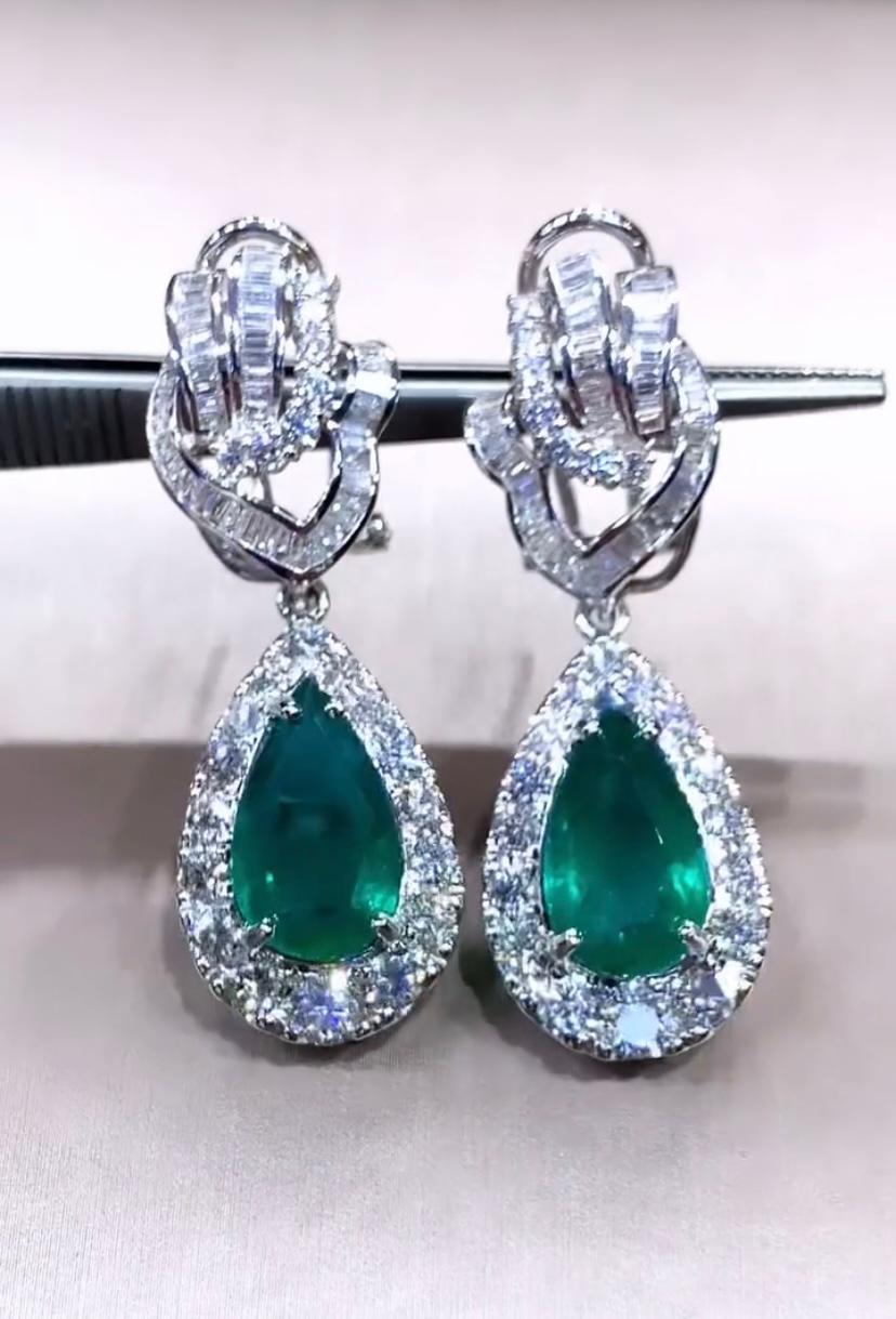 AIG Certified 8.90 Carats Zambian Emeralds  5.00 Ct Diamonds 18K Gold Earrings  For Sale 3
