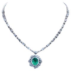 AIG Certified 8.90 Ct Diamonds  4.40 Ct Zambian Emerald 18K Gold Necklace 