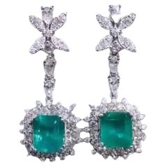 AIG Certified 9.00 Carats Zambian Emeralds  4.00 Cts Diamonds 18k Gold Earrings