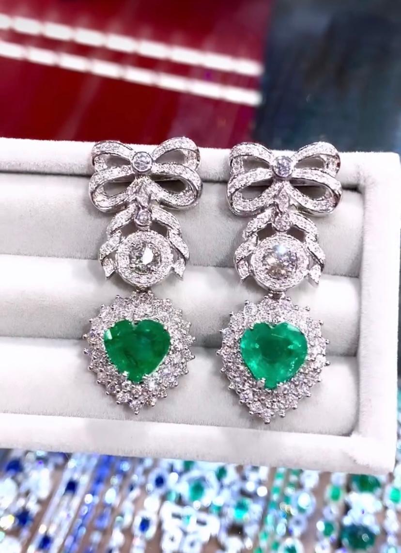 Heart Cut AIG Certified 9.00 Cts Zambian Emeralds  4.80 Cts Diamonds 18K Gold Earrings For Sale