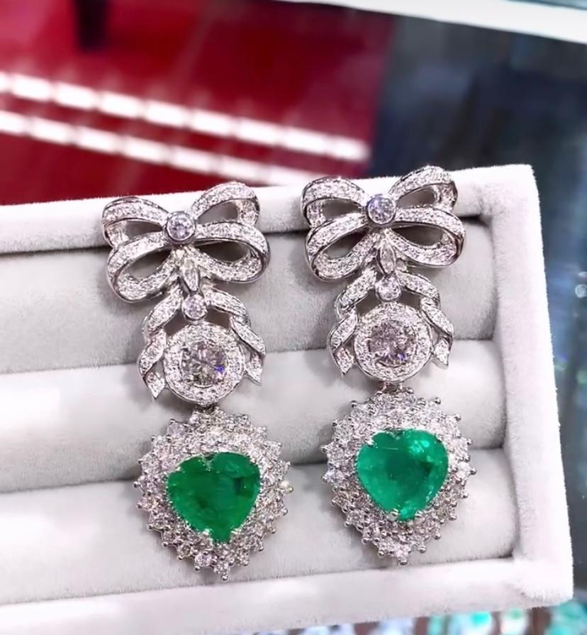 Women's or Men's AIG Certified 9.00 Cts Zambian Emeralds  4.80 Cts Diamonds 18K Gold Earrings For Sale