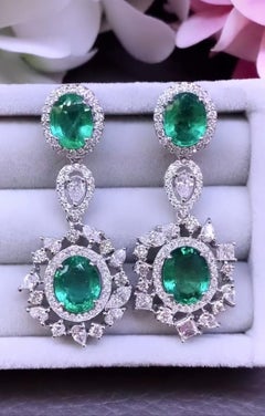 AIG Certified 9.10 Carats Zambian Emeralds   3.00 Ct Diamonds  18K Gold Earrings